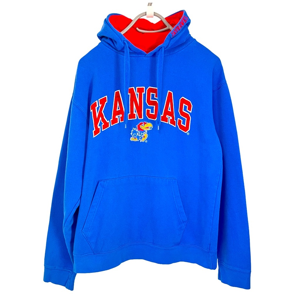 CHAMPION Vintage Kansas University J Hawks Logo Football College Mascot Hoodie